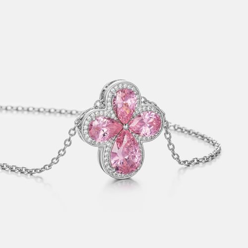 PinkGemstoneMoissaniteFourLeafCloverAdjustableNecklace 1