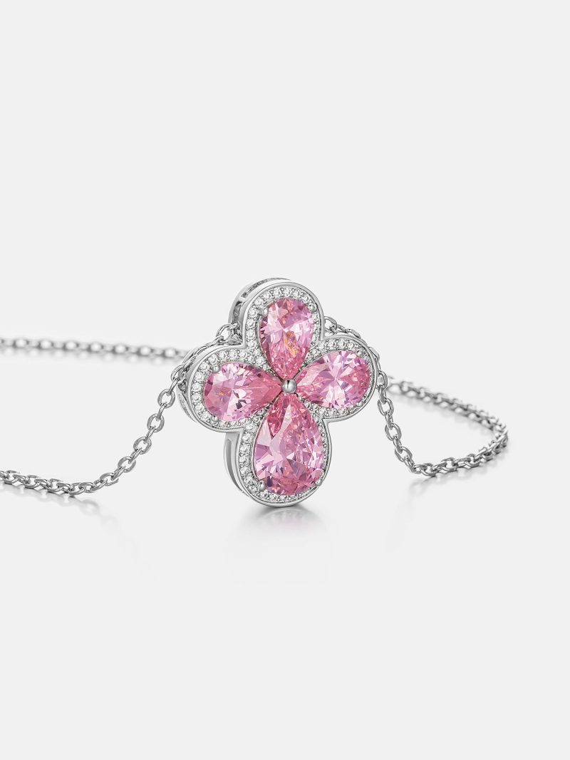 PinkGemstoneMoissaniteFourLeafCloverAdjustableNecklace 1