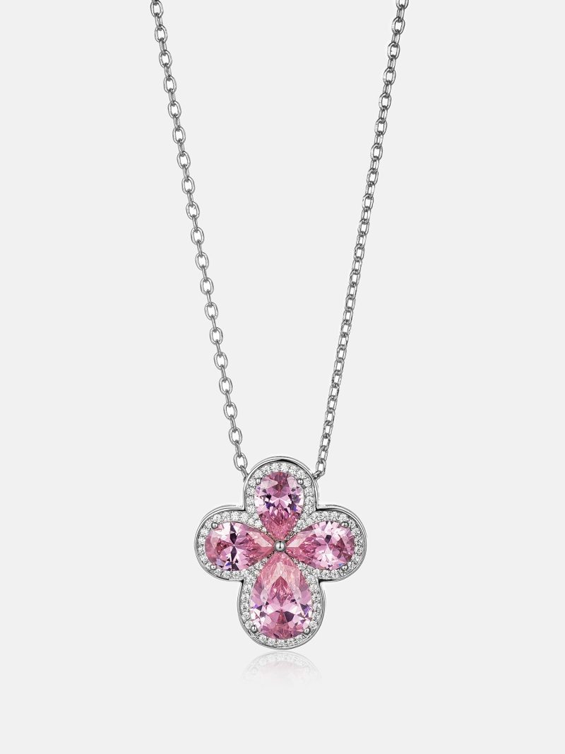 PinkGemstoneMoissaniteFourLeafCloverAdjustableNecklace 2