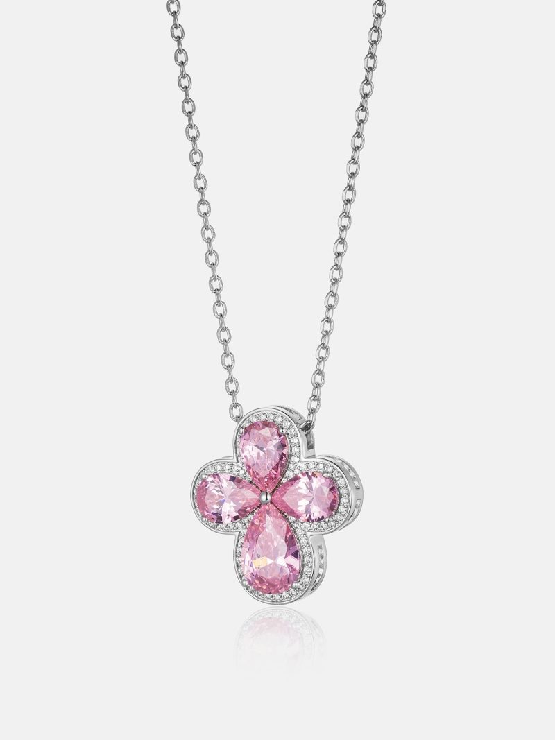 PinkGemstoneMoissaniteFourLeafCloverAdjustableNecklace 3