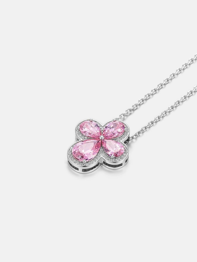 PinkGemstoneMoissaniteFourLeafCloverAdjustableNecklace 4