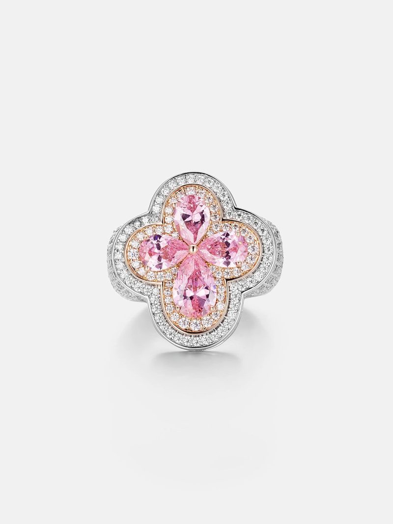 PinkGemstoneMoissaniteFourLeafCloverRing 1