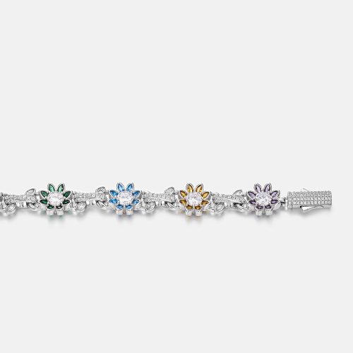 S925MoissaniteMultiGemstoneFlowerCubanBracelet 1