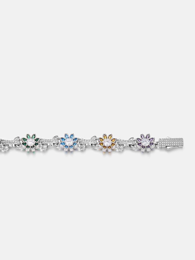 S925MoissaniteMultiGemstoneFlowerCubanBracelet 1