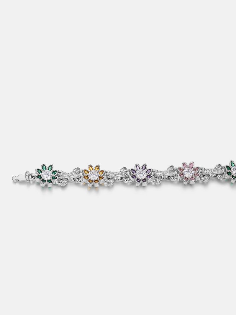 S925MoissaniteMultiGemstoneFlowerCubanBracelet 2