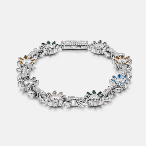 S925MoissaniteMultiGemstoneFlowerCubanBracelet 3