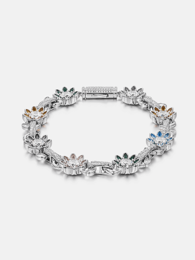 S925MoissaniteMultiGemstoneFlowerCubanBracelet 3