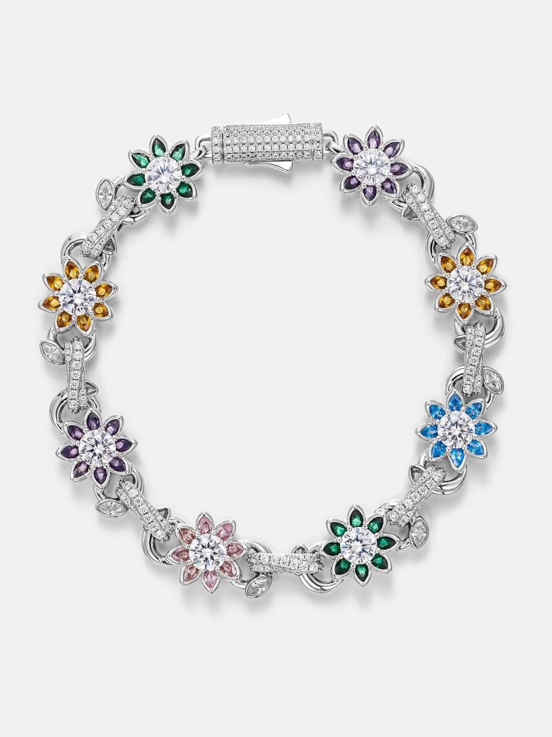 S925MoissaniteMultiGemstoneFlowerCubanBracelet 4