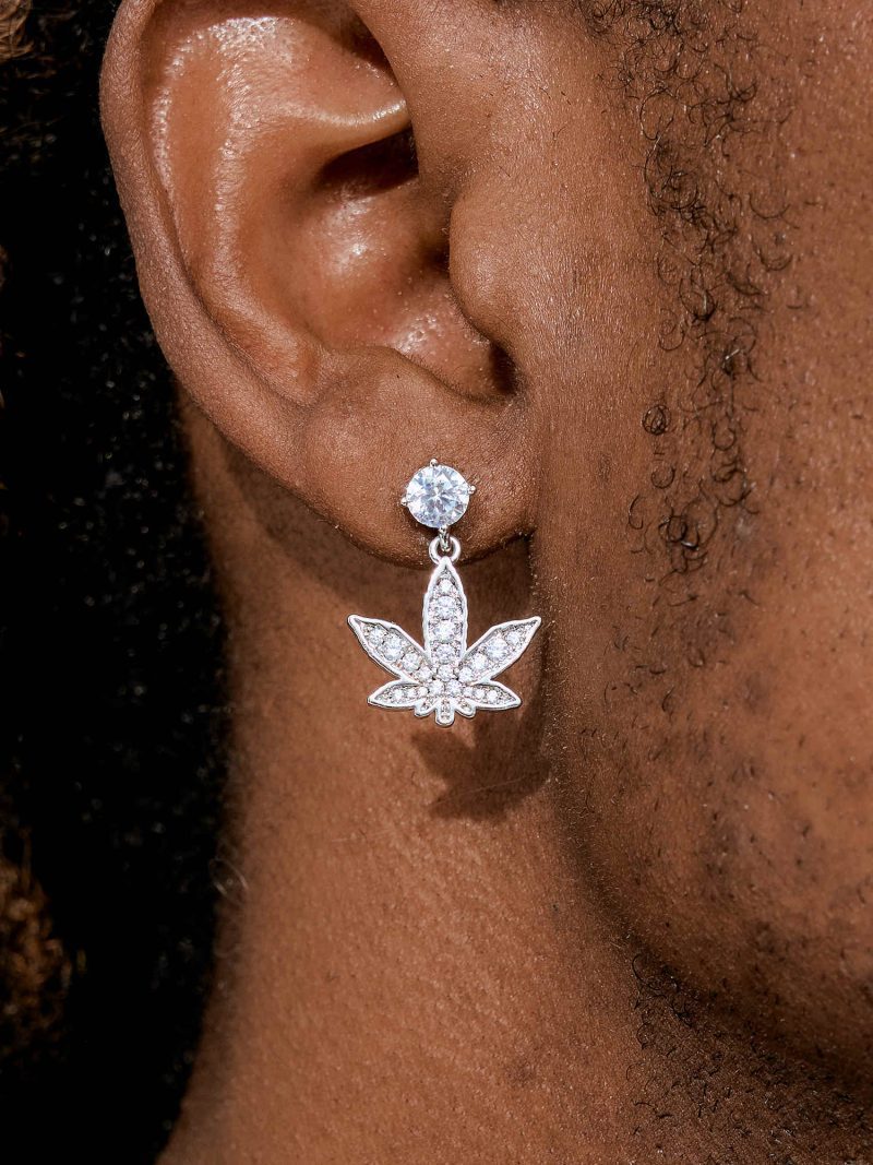 S925StudCannabisLeafDangleMoissaniteEarrings